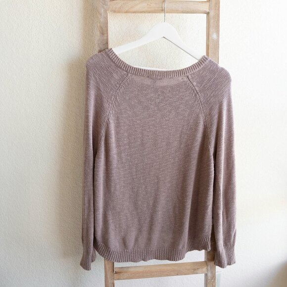 Express Sz Petite Small Taupe Sweater Lace-Up Shoulder Knit Pullover Long Sleeve - Picture 5 of 6